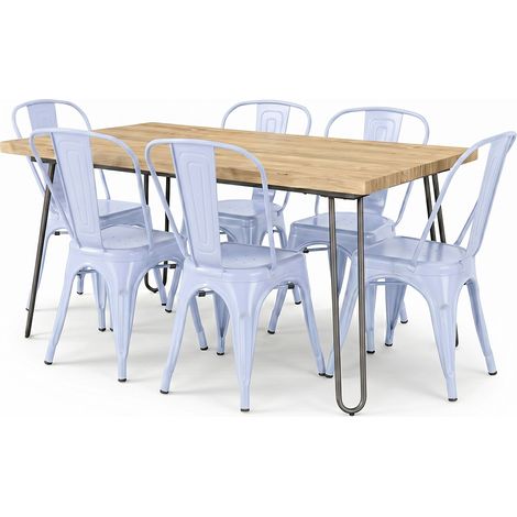 Pack Esstisch - Industriedesign 150cm + 6er-Pack Esszimmerstühle - Industriedesign - Hairpin Stylix Grau Blau