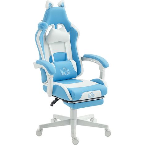Pour Setup PC et Télétravail Fauteuil Gamer avec Repose-Pieds Design Oreilles de Chat Bleu (1/5)