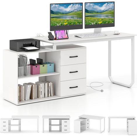 COSTWAY 140 cm Reversible L Shaped Desk with 3 Drawers
