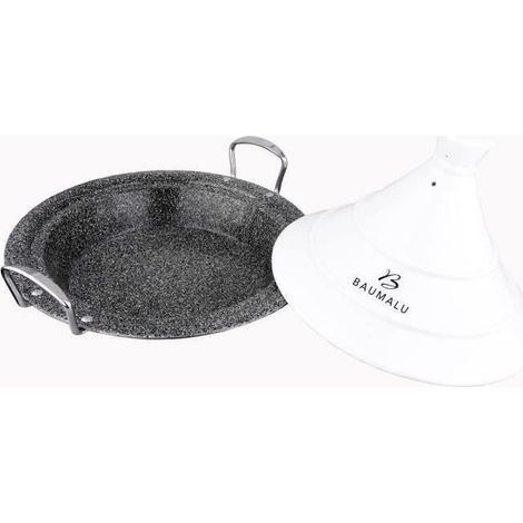 BAUMALU Tagine 30 cm con tapa de acero inoxidable y cerámica blanca efecto piedra