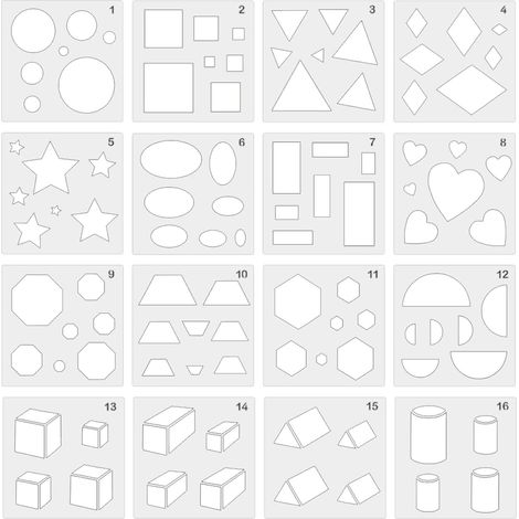 Lot de 16 pochoirs de dessin pour enfants - Formes géométriques - Pochoirs de peinture pour enfants - Forme simple (1/5)