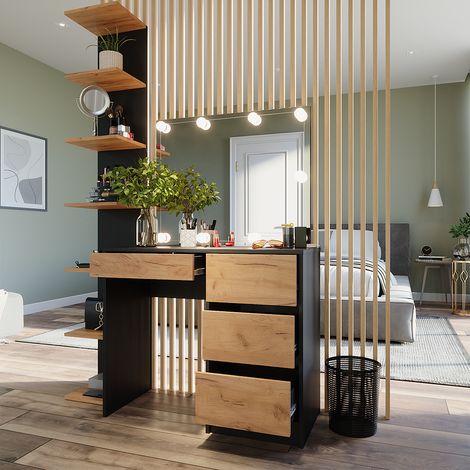 Coiffeuse Sherry, Anthracite/chêne doré, 90x75cm avec miroir & éclairage LED, Vicco
