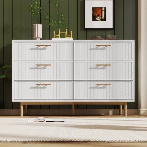 Commode 6 tiroirs - KOMHTOM - 120x40x75 cm - Blanc - Poignées dorées - Pieds métal design contemporain (1/5)