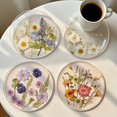 4 sous-verres plats en acrylique 2D, imprimés de motifs fleurs sauvages colorés, design artistique (1/4)