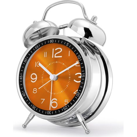 Reveil Bruyant pour Dormeurs Lourds, Double Cloche Fort, avec Lumière de Nuit, Grand Réveil Matin Métal, Horloge de Table Analogique Silencieux pour Chambre Bureau 16cm, Orange (1/4)