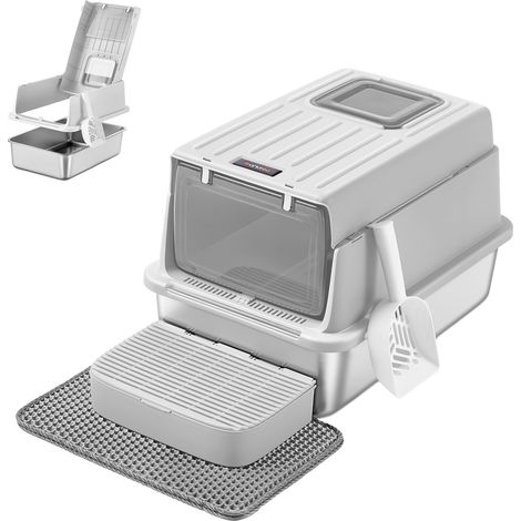Bac à Litière pour Chat, en Acier Inoxydable, avec Couvercle, Pelle, Tapis pour Litière et 2 Entrées, pour Chats Jusqu’à 15 kg, Gris Clair (1/5)
