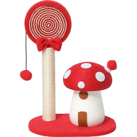 Griffoir pour chat en forme de champignon, arbre à chat avec planche à griffer en sisal, tour de jeu pour chaton, rouge (1/3)