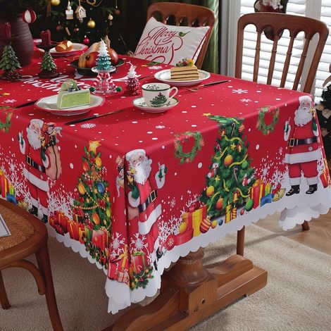 1pc Nappe de Noël Rouge avec Père Noël en Dessin Animé - Couverture de Table Rectangulaire en Polyester pour les Fêtes avec Flocons de Neige, Cadeaux (1/5)