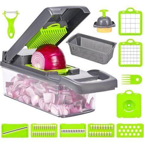 Affettatrice multifunzione per verdure, affettatrice manuale 16 in 1, affettatrice per verdure con 8 lame regolabili, affettatrice per cipolle, pomodori, carote, cetrioli (1/5)