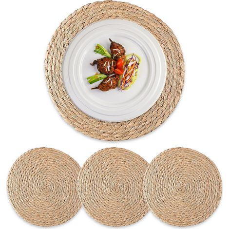 Lot de 4 dessous de plat ronds en jonc tressé style bohème champêtre pour décoration table intérieur extérieur (1/3)