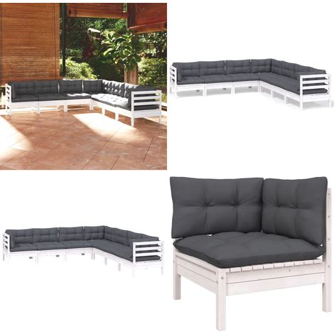 7-tlg. Garten-Lounge-Set mit Kissen Weiß Kiefer Massivholz - Garten Lounge Set - Kiefernholzmöbel - Outdoor Möbel - Gartengeräte - Gartenmöbel - Home & Living
