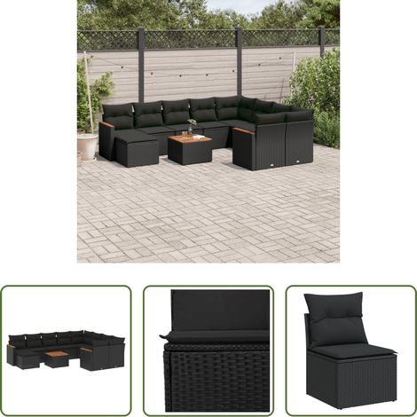 vidaXL Rattanmöbel - 11-tlg. Garten-Sofagarnitur mit Kissen Schwarz Poly Rattan (1/5)