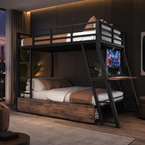 Cama alta 236.8x149.2x160.5 cm con escritorio, cajones, LED, escalera y barandilla, metal negro (1/5)