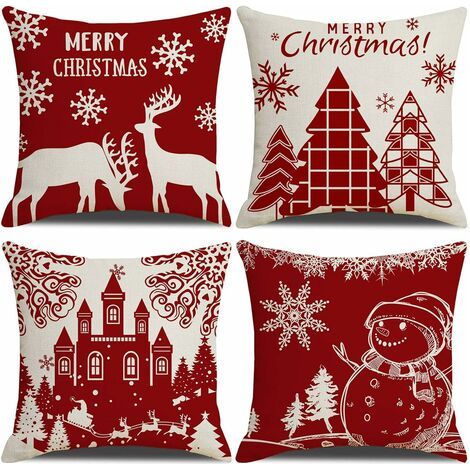 Pr Housse de Coussin Noel 45x45cm, Lot de 4 Noël Décoratif Canapé en Coton et Lin Noël pour Canapé Lit Chambre Chaise Jardin-Décoration Noël Rouge (1/5)
