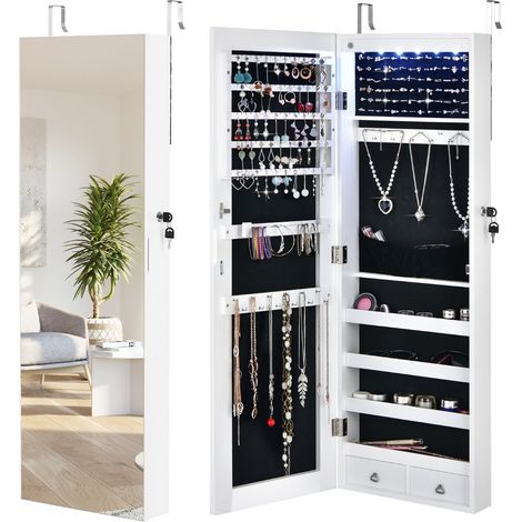 Armadio per gioielli al muro o alla porta con specchio, Organizer gioielli con 6 luci LED e 2 cassetti Bianco (1/4)