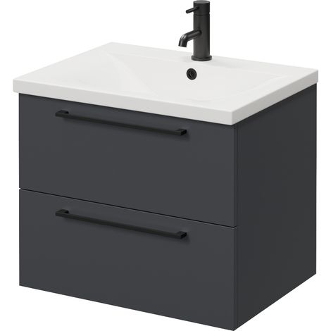 Napoli 460 Gloss Grey 600mm Wall Mounted 2 Drawer Vanity Unit with Glide Basin - 600mm - Matt Black 320mm Handle