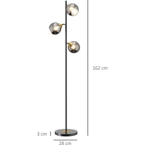 Lampadaire en métal, en forme d'arbre, avec 3 abat-jour en verre, 36 cm de diamètre x 162 cm de hauteur, noir et gris. (1/5)