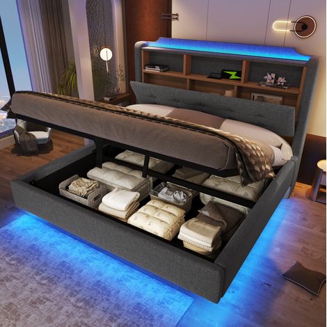 REDOM - Cama tapizada 140x200 con almacenamiento hidráulico, LED, USB y Type C, lino gris (Sin colchón) (1/5)
