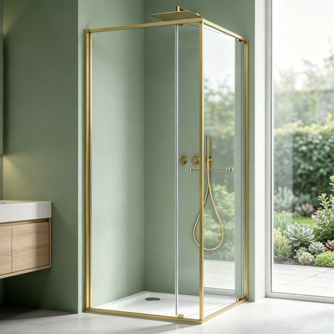 Mai & Mai Duschkabine Eckeinstieg 80x80 cm mit Schiebetür nach innen, Eckdusche Duschabtrennung 195cm Höhe, 6mm ESG-Sicherheitsglas Nano-Beschichtung inkl. Duschtasse Ravenna69K Gold (1/5)