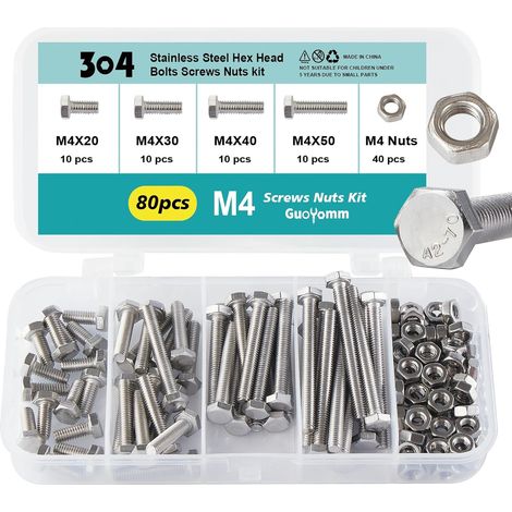 Lot de 80 vis M4 à tête hexagonale en acier inoxydable 304, boulons et écrous, vis pour machine, longueurs : 20 mm, 30 mm, 40 mm, 50 mm (1/5)