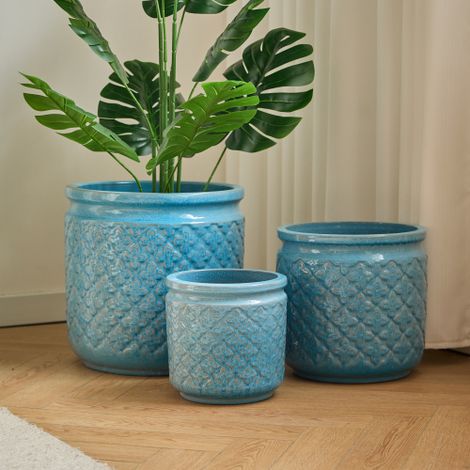 Ensemble de 3 pots en céramique bleus à motifs géométriques (38,1/30,5/22,9 cm) pour orchidées, usage intérieur/extérieur, terre cuite respirante