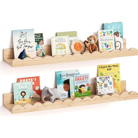 Lot de 2 Étagères flottantes en bois pour chambre d'enfant 58cm, design ondulé anti-chute, rangement livres pour bébé et tout-petit