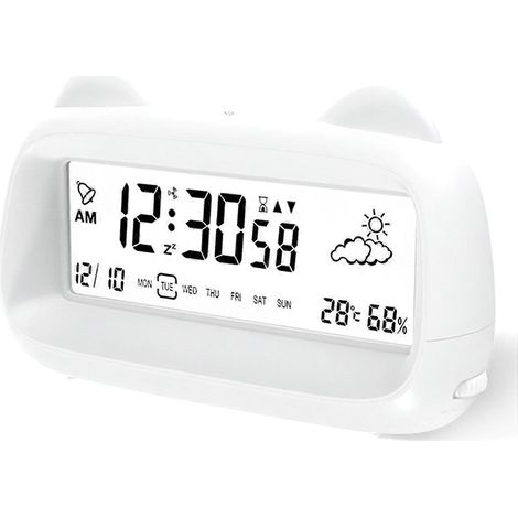 Digitaler Wecker mit Wochentagsanzeige, Temperatur- und Luftfeuchtigkeitsanzeige, Hintergrundbeleuchtung, in Katzenform, für Kinder und Erwachsene, batteriebetrieben. (1/5)