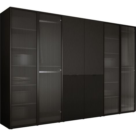 Armoire moderne 6 portes en verre rainuré et MDF noir graphite – Dimensions 300 x 200 x 51 cm – Montage facile avec notice incluse – 3Xe Living