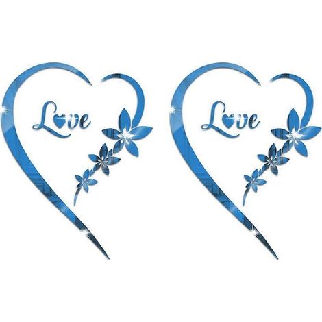 Lot de 2 stickers miroir acryliques en forme de cœur, bleus, pour chambre, salon ou mur derrière la télévision. (1/5)