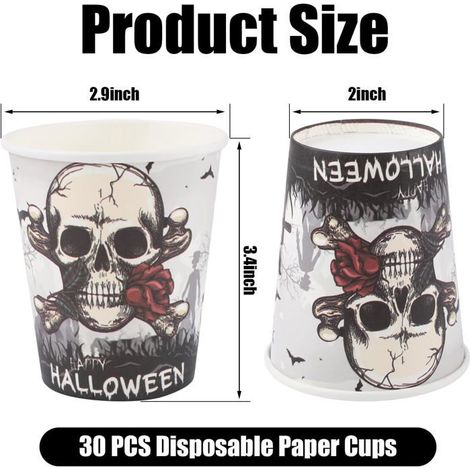 HOXILEELEO - 30pcs Gobelets Jetables Halloween, Gobelets Jetables 255ml Papier Squelette Halloween Tête Mort Papier Effrayants (1/5)