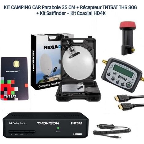 Kit Camping Car - MEGACC3 - Parabole 35 CM - Récepteur TNTSAT THS 806 - Kit Satfinder - Coaxial HD4K