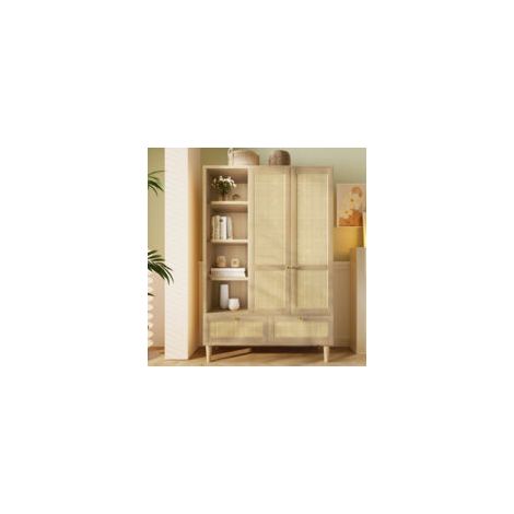 Armoire à 2 portes en rotin tressé style campagnard aspect chêne étagère ouverte étagères tringle à vêtements 180 x 120 x 50 cm (1/5)