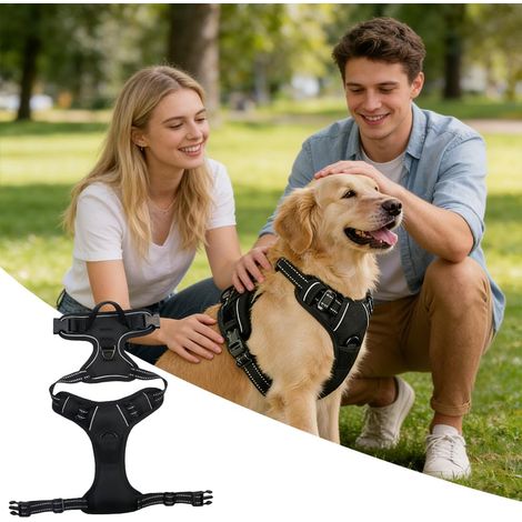 Harnais pour chien anti-traction, gilet réglable avec clips de laisse avant/arrière, harnais réfléchissant confortable pour grands chiens, poignée de contrôle facile pour la promenade - noir, taille L (1/5)