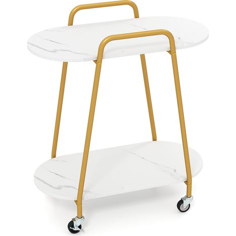 COSTWAY 2-Tier Rolling End Table with Faux Marble Surfaces Modern Mobile Side Table White