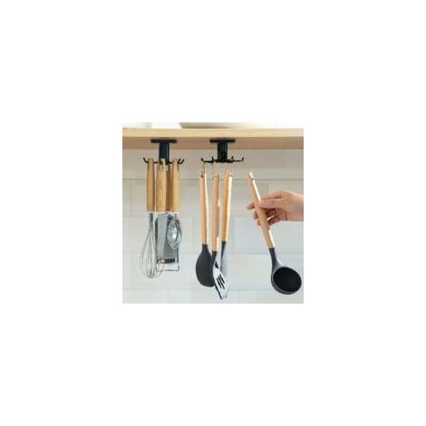 Porte-ustensiles de cuisine rotatif à 360°, lot de 2. Étagère à ustensiles avec 6 crochets. Installation sans perçage. Rangement pratique. Pour la cuisine, la salle de bain ou le dressing (noir).-Crez