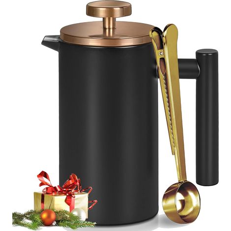 Cafetière à piston 1,5 l en acier inoxydable - Double paroi et isolée - Pour camping, fête, cadeau - Passe au lave-vaisselle (6 à 8 tasses, noir) (1/5)