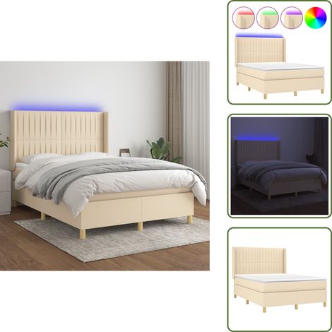 Sommier à lattes de lit matelas et LED Crème 140x200 cm Tissu - Sommier Tapissier - Lit Plateforme - Lit Avec Rangement - Tête De Lit Ajustable - Éclairage Led (1/5)