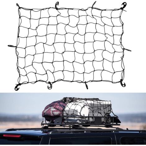 Filet pour Galerie de Toit, Filet Bagage Voiture Très élastique avec 10 Crochets, 90 x 120cm Filet de Bagage Toit de Voiture, Convient pour Galerie de Toit ou Coffre (1/4)