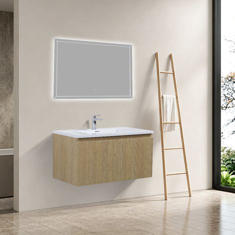 Meuble salle de bain design simple vasque LINER largeur 90 cm chêne clair rainuré (1/5)