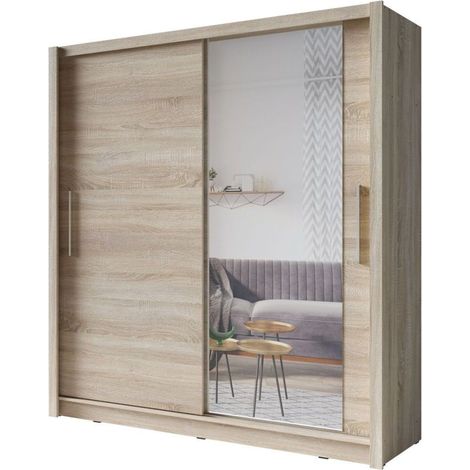 Armadio OZZULA 204 cm in rovere chiaro con specchio – 2 porte scorrevoli