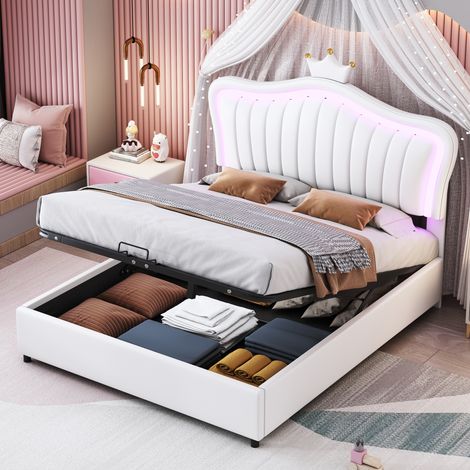 Cama infantil tapizada en PU blanco 140x200 cm con almacenamiento hidráulico, LED, somier de láminas y cabecero ajustable