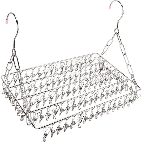 Séchoir à linge en acier inoxydable avec 100 pinces, support multifonction pour vêtements, serviettes et chaussettes.