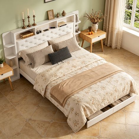 Lit coffre double adulte 160x200 cm avec table de chevet intégrée, éclairage LED, ports USB, 2 tiroirs au pied, velours blanc (1/5)