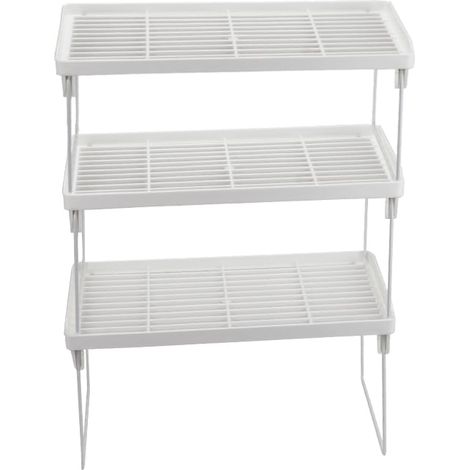 3 Organizer Salvaspazio per Cucina con scaffale Bianco - Ripiano da 38x23,5x17,5 cm Impilabile - Piano per spezie, barattoli, piatti (1/5)