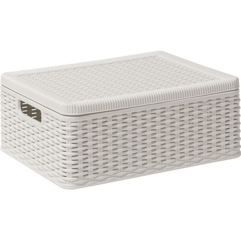 Cesta contenitore multiuso con coperchio e manici in resina effetto rattan bianco Decora 381