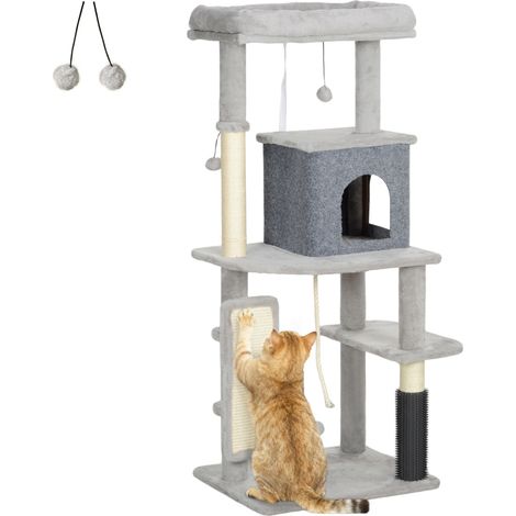 Tiragraffi per gatti da 132 cm con pali tiragraffi, tappetino, cuccia, casetta, piattaforma per saltare, spazzola per la toelettatura e kit antiribaltamento, colore grigio chiaro.