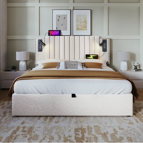 DESVIAE Lit double avec rangement 160 x 200 cm tête de lit réglable avec liseuses USB et USB C beige coton avec sommier à lattes (1/5)