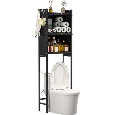 FLASIDU étagère de rangement pour toilettes de petit appartement - 3 étagères, 2 espaces de rangement, portes d'armoire en PVC, installation sans perçage, cadre en métal, 50×25×165cm, noir (1/2)