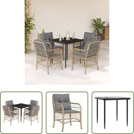 vidaXL Gartenessgruppe -  5-tlg. Garten-Essgruppe mit Kissen Beigemischung Poly Rattan (1/5)