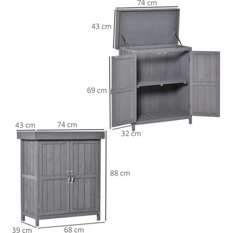 Abri de jardin robuste en bois de sapin – Résistant aux intempéries, double porte, 2 compartiments, dimensions 74 x 43 x 88 cm, gris foncé – Rangement extérieur compact et durable (1/5)